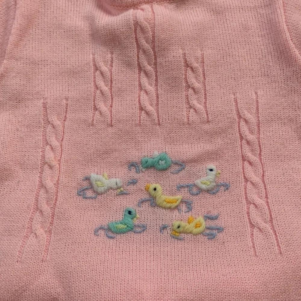 Vintage 70s Mothercare Pink Knit Embroidered Duck Sweater Set 12 Months